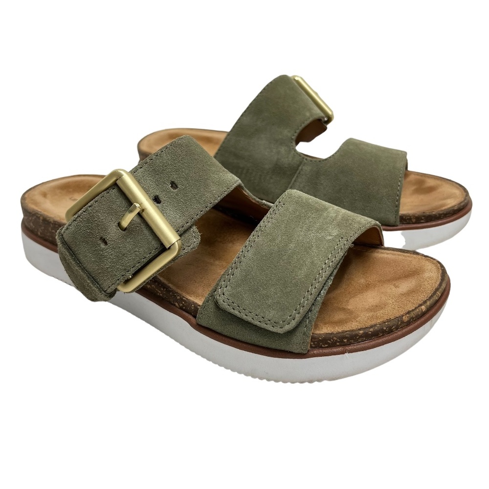 CLARKS UNSTRUCTURED Sage Green Sandals Slides  Genuine Suede Leather 7 M